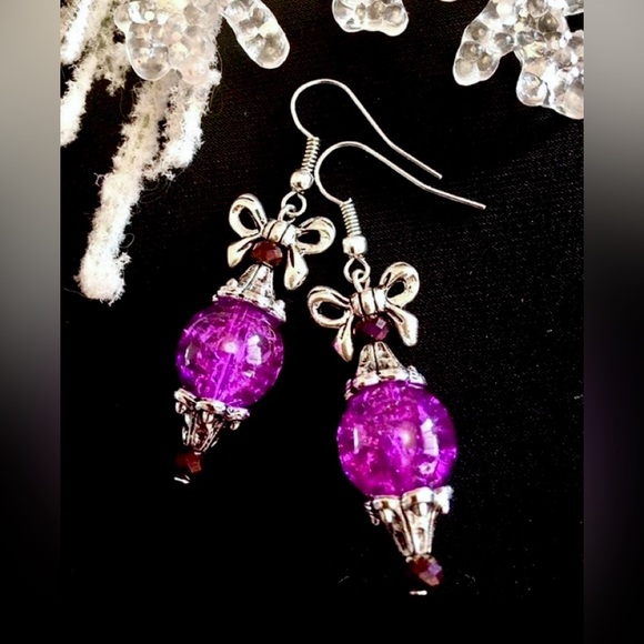 Christmas Purple Cracked Crackle Glass Silver Bow Victorian Ornament Earrings 2” - Picture 1 of 3